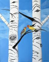 Western Tanager Pair - Oil On Canvas Paintings - By Leslie Dannenberg, Realism Painting Artist